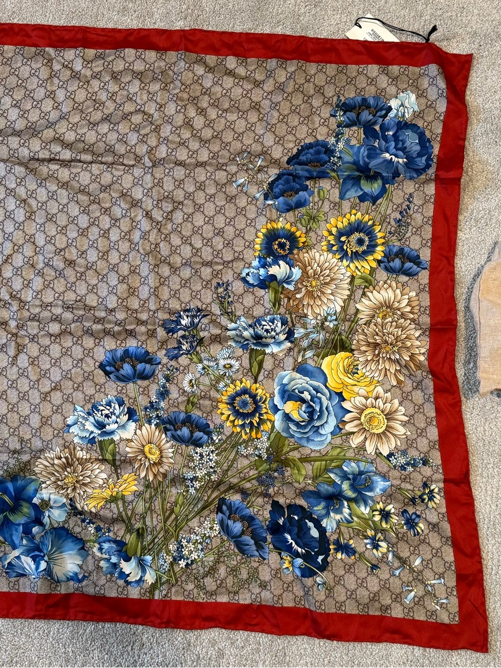 Gucci Beige Monogram Floral Silk Scarf with Blue, Yellow and Red Accents